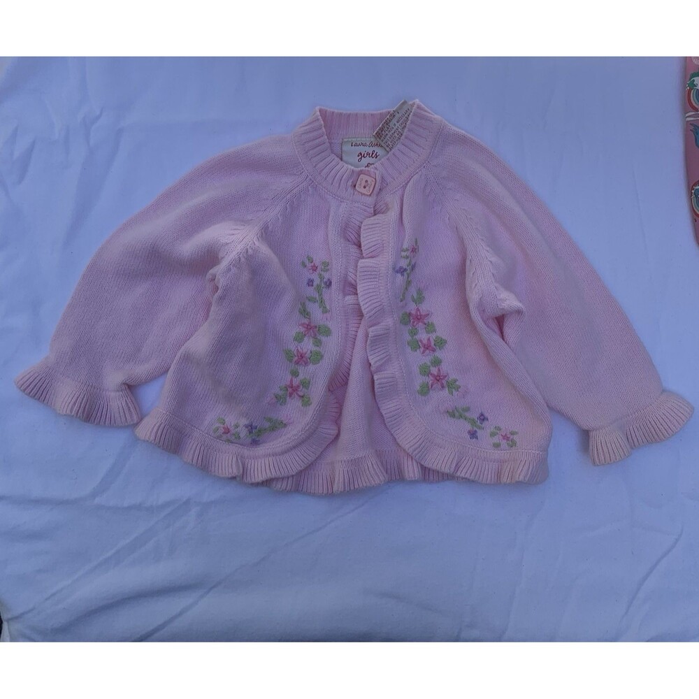 Vtg Laura Ashley Ruffle Cardigan Sz 5mo Cottagecore Whimsical Floral Embroidered